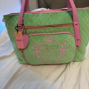 Juicy Couture Mint Green Quilted Tote with Pink Trim